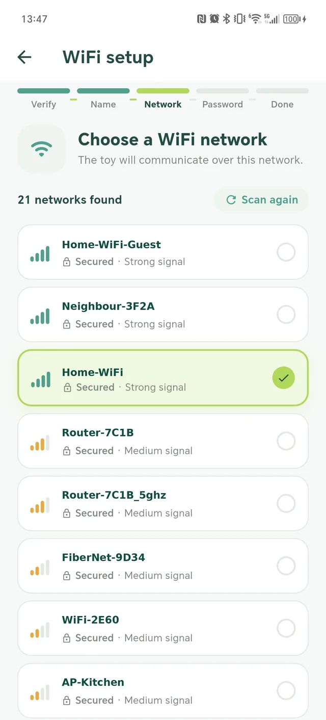 Auswahl des WLANs zu Hause in der App